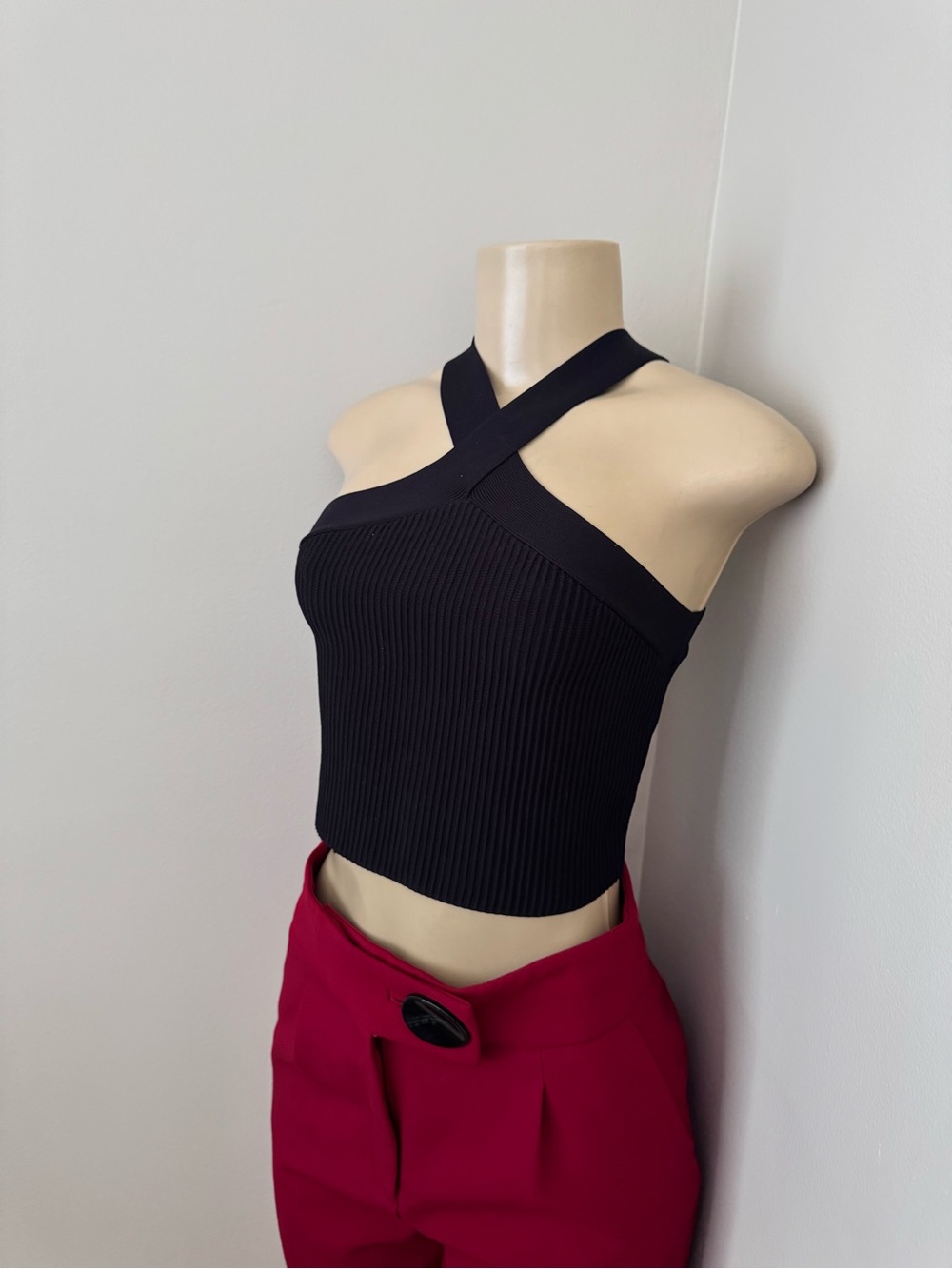 Joules Black Ribbed Cross-Front Crop Top - Picture 2 of 4